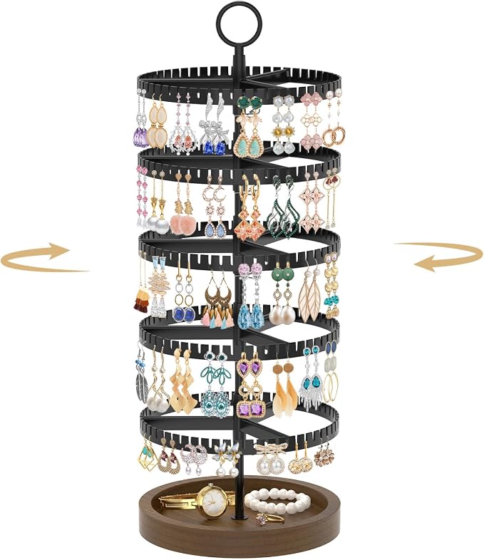 MODOWEY 5 Tier Rotating Earring Holder Organizer Display Tree with Wooden Tray, Adjustable Plastic Stand with 285 Slots for Stud Hoop Hanger, Large Capacity Storage Rack for Women Space Saving, Black