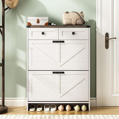 Shoe Cabinet with 2 Flip Drawers & 2 Drawers,Farmhouse Shoe Storage Cabinet for Entryway,Slim Freestanding Narrow Organizer Rack for Front Door Entrance,White