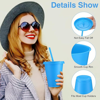 Sieral Cups with Straws and Lids Kids Tumbler with Straw Reusable Water Bottle Iced Coffee Travel Mug Adults Plastic Cups for Parties 16 oz(Classic Colors,15 Pack)
