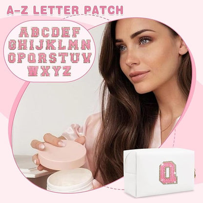 Small Initial Patch Makeup Bag Personalized Gifts Make Up Bag,White Cute PU Leather Glitter Letter Cosmetic Bag with Zipper,Trendy Portable Travel Toiletry Pouch,Preppy Stuff for Teen Girls Women Q