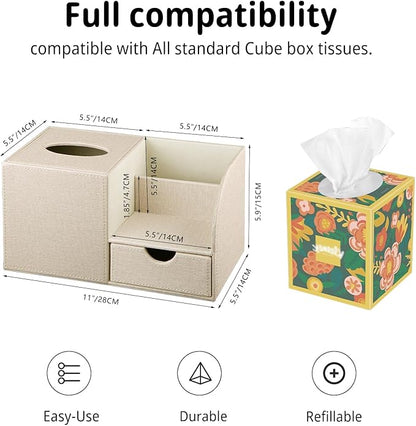 Nightstand Organizer with Tissue Holder,PU Leather Square Tissue Box Cover,Modern Facial Paper Organizer Storage Box for Remote Control,Bathroom,Vanity Countertop,End Table Home Office.Beige