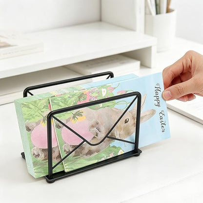 Modern Mail Holder for Home Office, Metal Letter Organizer Sorter for Desk, Cutout Mail Envelope Design, Bill Filling Paper Document Rack, Envelope Storage Rack with Metal Base