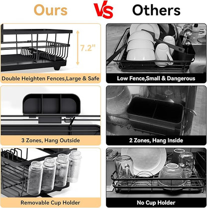 TOOLF Dish Drying Rack, Dish Racks for Kitchen Counter, Stainless Steel Sink Organization and Storage Essentials with Cutlery Holder, Dish Drainer, Home and Appartment Decor, 12.4''W x 16.5''L, Black