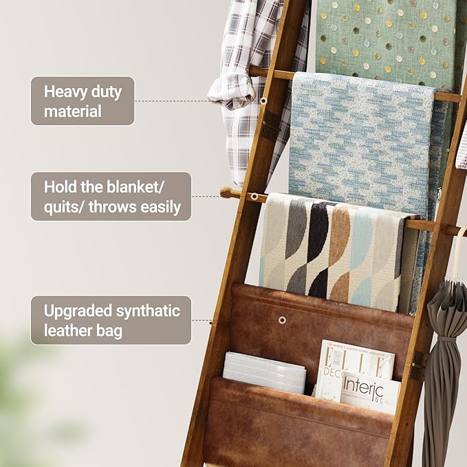 ELYKEN Blanket Ladder for Living Room, 5-Tier Wooden Towel Rack with Synthetic Leather Pocket, 4 Removable Hooks, Decorative Leaning Ladder Shelf for Bedroom, Walnut