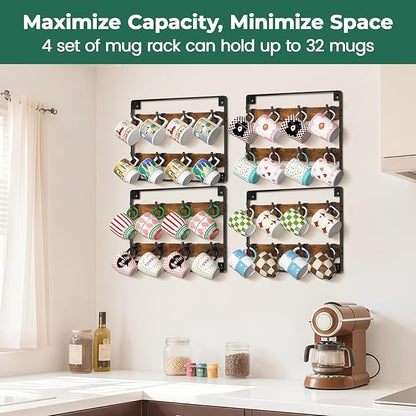 EsLuker.ly Mug Holder Hanger Rack Wall Mounted Wooden 4 Pack Coffee Cup Storage Organizer Display Shelf with 32 Movable Plastic Hooks, Ideal for Mug Collectors