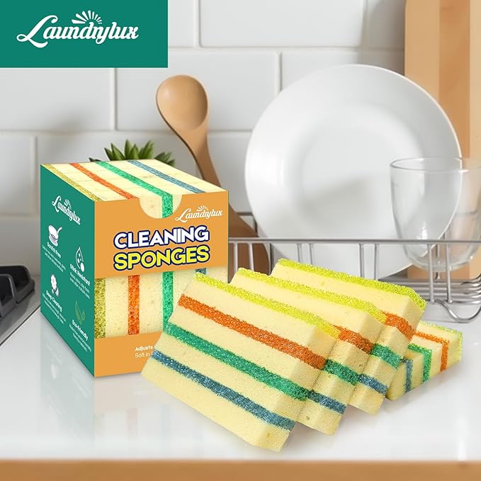 LAUNDRYLUX 6 Pack Scrub Sponge - Temperature-Responsive - 50% More Power & Rinses Cleaner Cleaning Sponges, Multipurpose Dish Sponges for Kitchens, Bathrooms, and Outdoor Use - Patent Pending