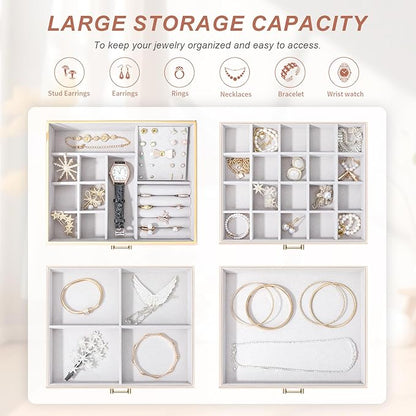 Jewelry Boxes for Women, Large Jewelry Storage Boxes, 4-Layer Leather Jewelry Organizer with 3 Drawers, Jewelry Display Case Gift for Women Girls, Apricot