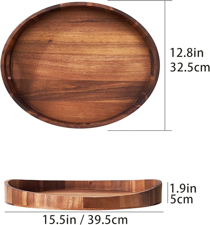 Acacia Wood Serving Tray with Handles - Round Decorative Ottoman Tray for Coffee Table, Breakfast in Bed, Living Room, Kitchen Counter, Candle Display, Tea Party, Lunch, Dinner, Bathroom & Home Decor