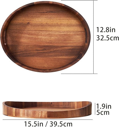 Acacia Wood Serving Tray with Handles - Round Decorative Ottoman Tray for Coffee Table, Breakfast in Bed, Living Room, Kitchen Counter, Candle Display, Tea Party, Lunch, Dinner, Bathroom & Home Decor