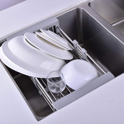 Dish Drying Rack, Stainless Steel Dish Drainer with Adjustable Arms Holder Functional Kitchen Sink Organizer for Vegetable and Fruit, Gray Large