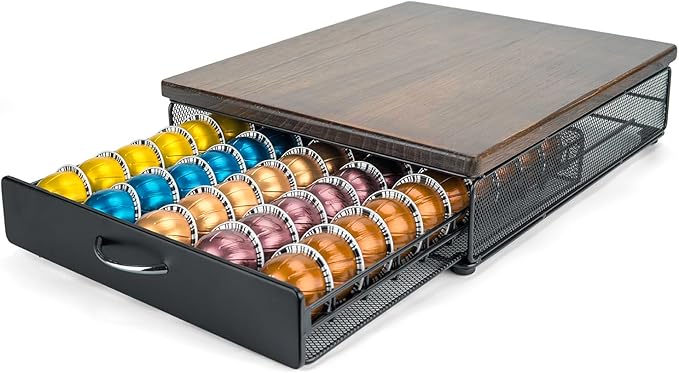 HiveNets for Vertuo Coffee Capsule Storage Drawer Compatible with Nespresso Vertuoline Pods Holder Metal and Wood Top Organizer (can hold 50 Pods)