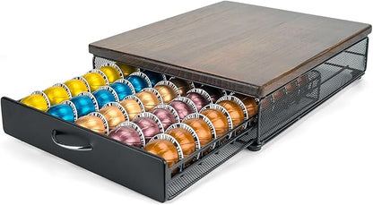 HiveNets for Vertuo Coffee Capsule Storage Drawer Compatible with Nespresso Vertuoline Pods Holder Metal and Wood Top Organizer (can hold 50 Pods)