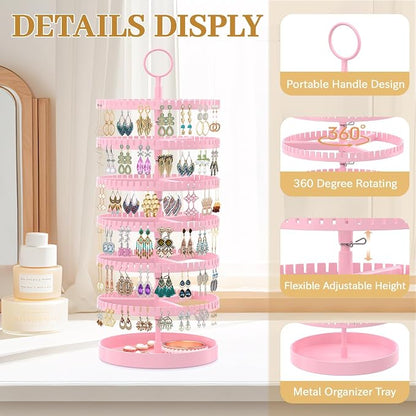 MODOWEY 6 Tier Rotating Earring Holder Organizer Display Tree with Metal Tray, Adjustable Plastic Stand with 342 Slots for Stud Hoop Hanger, Large Capacity Storage Rack for Women, Pink