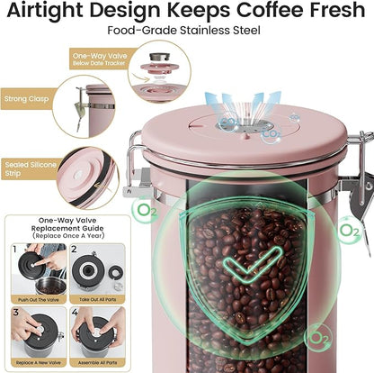 Veken Coffee Canister with Window, Airtight Stainless Steel Kitchen Food Storage Container with Lids, Date Tracker and Scoop for Ground, Beans, Tea, Flour, Cereal, Sugar Jars, 22OZ, Pink