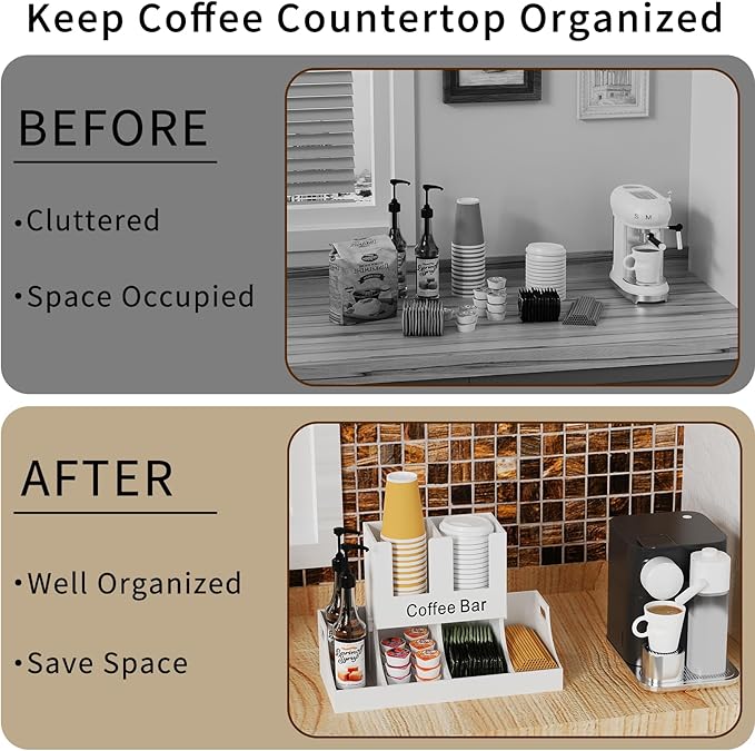 Coffee Station Organizer, Wooden Coffee Bar Organizer for Countertop, Condiment and Cup Storage Organizer, Bar Accessories for Kitchen, Office, Home, White