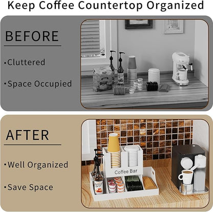 Coffee Station Organizer, Wooden Coffee Bar Organizer for Countertop, Condiment and Cup Storage Organizer, Bar Accessories for Kitchen, Office, Home, White