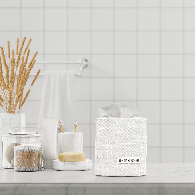 Stylish Tissue Box Cover - This White Linen Holder Instantly Covers Your Square Tissue Boxes - The Perfect Cube Cover for Your Bathroom and Home