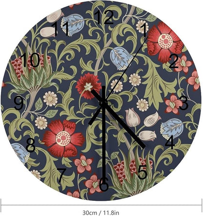 Retro Floral Wall Clock Silent Non Ticking Battery Operated, Vintage William Morris Style Blue Garden Plants Herbs Red Flowers Clock Decorative for Bathroom Kitchen Bedroom Living Room(12 Inch)