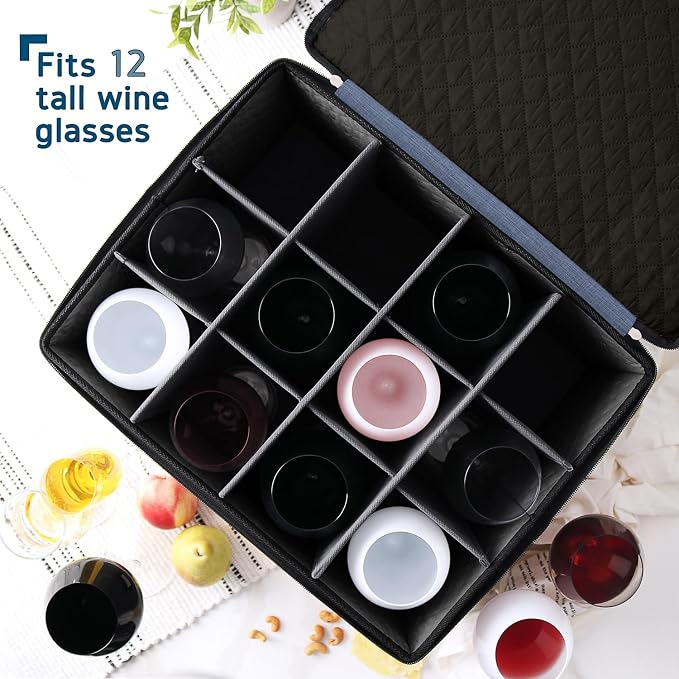 Hearth & Harbor Wine Glass Storage Box with Dividers, Quilted and Stackable Stemware Storage Cases, Service of 12 Glass China Container Hard Shell for Moving and Organization, Blue