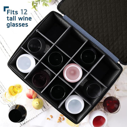 Wine Glass Storage Box with Dividers, 2 Pack Stackable Stemware Storage Cases, Service of 24 Glassware Storage Containers, Quilted China Storage Containers for Moving and Seasonal Storage, Blue