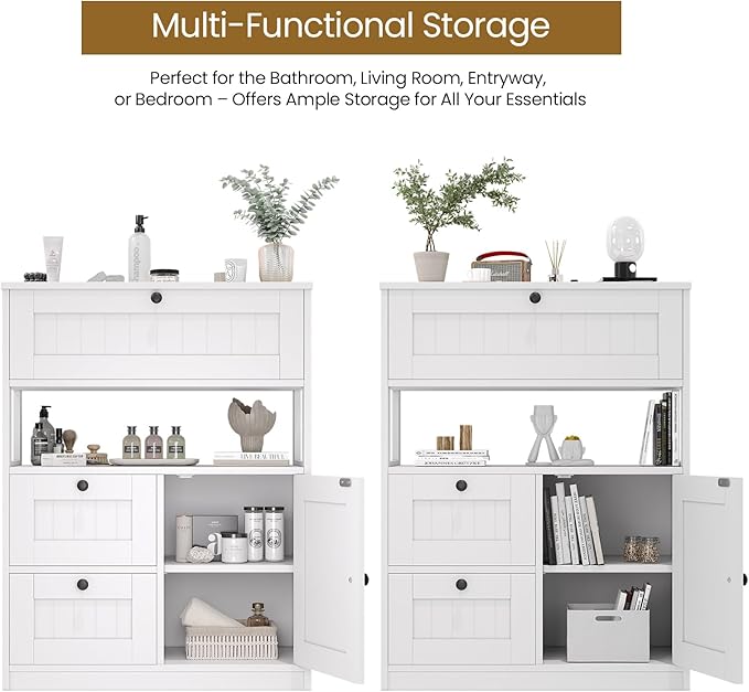 GRUSIGN Bathroom Cabinet, Modern Bathroom Floor Storage Cabinet Organizer with 1 Door and 3 Drawers, Freestanding Cupboard for Kitchen/Living Room Use