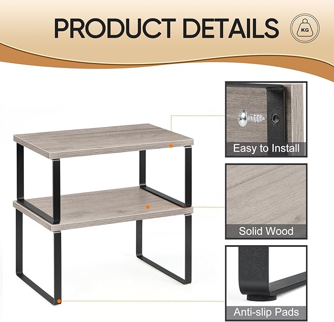 NEX Kitchen Cabinet and Counter Shelf Organizer, Shelf Riser for Pantry Countertop Cupboard Desk Top, Stackable & Expandable, Set of 4, Black and Greige