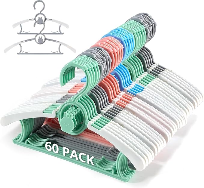 Kids Hangers, Extendable & Stackable Baby Hangers, 60PCS Mix-Colors Toddler Hangeres for Baby Toddler Children Kids Teen, 11~14Inch Non-Slip Plastic Kid Hangeres, Babys Clothes Hanger