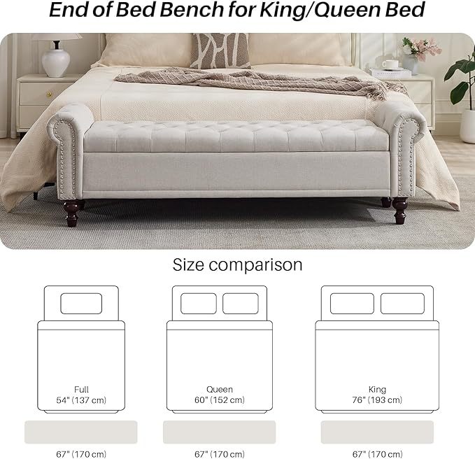 Storage Bench for Bedroom, 67" End of Bed Storage Bench King Size, Upholstered Linen Storage Ottoman with Tufted Cushioned Rolled Arm Large Storage Space for Living Room Entryway, Beige
