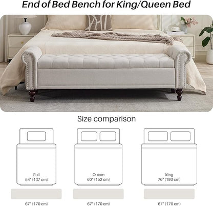 Storage Bench for Bedroom, 67" End of Bed Storage Bench King Size, Upholstered Linen Storage Ottoman with Tufted Cushioned Rolled Arm Large Storage Space for Living Room Entryway, Beige