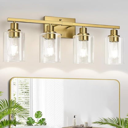 4-Light Bathroom Light Fixtures, Vanity Light with Clear Glass Shades, Brushed Gold Bathroom Light Fixtures Over Mirror, Modern Bathroom Wall Lamp for Mirror Living Room Cabinet Bedroom