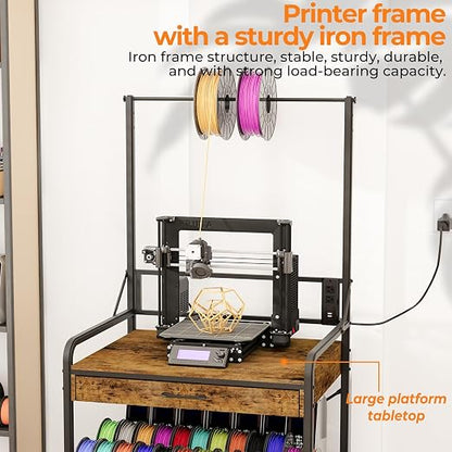 3D Printer Stand with Power Hub and Top Storage Shelf – Heavy Duty X-Bracket Stability, 3-Tier Storage & Tool Organizer for Workshop and Office