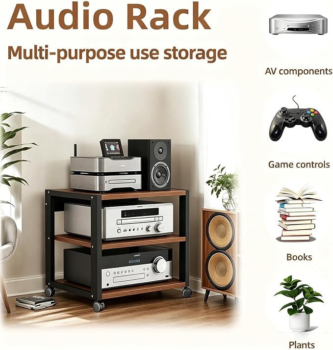3 Tier AV Media Stand, Audio Rack Tower Stereo Components Cabinet, Home Theatre CD Record Player Stereo Receiver Equipment Rack with Adjustable Wood Shelves, Load 220lbs (Walnut Brown)