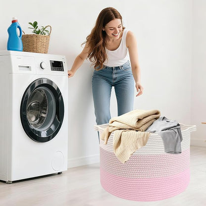 90L Extra Large Blanket Basket,Woven Rope Laundry Basket Hamper with Handles, Decorative Nursery Basket Storage Bin for Toys, Clothes Organizer, Living Room, Bedroom, Bathroom, Pink