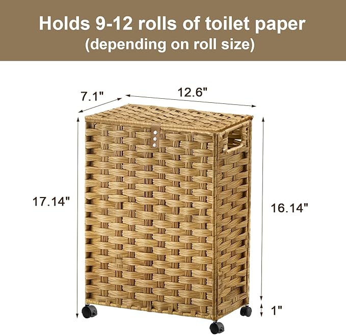 Toilet Paper Storage Basket with Lid and Wheels, Rattan Toilet Paper Holder Storage, Toilet Paper Organizer for Bathroom, Bedroom, Kitchen, 12.6”L x 7.1”W x 17.14”H, Naturall