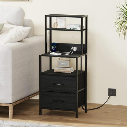 Furnulem Night Stand, Tall Nightstand with 4-Tier Shelves, 2 Fabric Drawers and Led Lights, Bed Side Tables with Charging Station, Bedside Table for Bedroom, Office, Black Oak | 4-Tier Shelves
