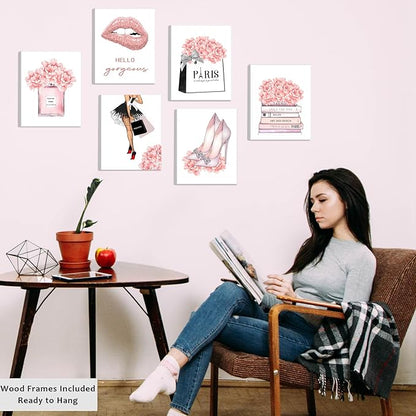 FRAMED Pink Makeup Room Canvas Wall Art, Fashion Woman Picture Wall Decor Paintings, Watercolor Perfume High Heels Lipstick Beauty Room Decor Pictures Arts for Girls Women Room Decor, (Set of 6, 8x10 in, Framed)