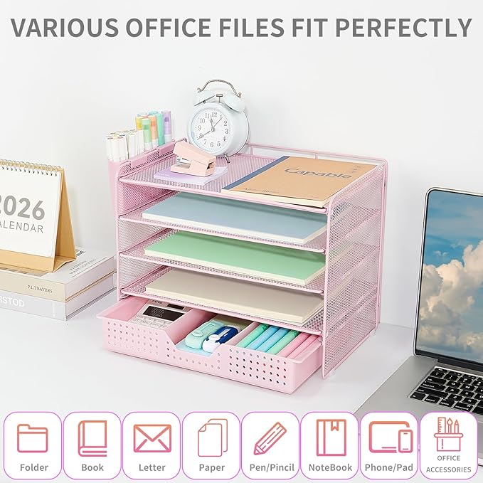 Desk Organizer and Accessories, 5-Tier Paper Letter Tray Organizer with Drawer & 2 Pen Holders for Desktop File Organization, Office Desk Accessories for Supplies Storage (Pink)