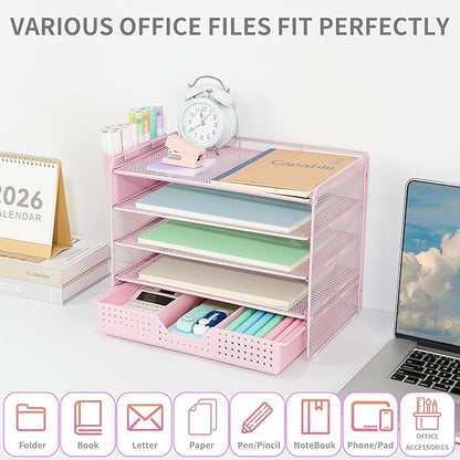 Desk Organizer and Accessories, 5-Tier Paper Letter Tray Organizer with Drawer & 2 Pen Holders for Desktop File Organization, Office Desk Accessories for Supplies Storage (Pink)