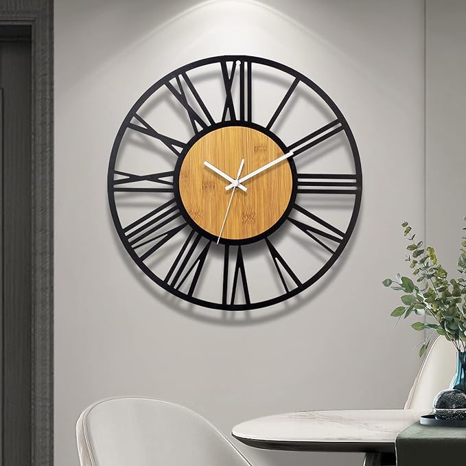 1st owned Wall Clocks for Living Room Decor,16" Vintage,Round Silent Non Ticking,Black Metal,Modern Wood Clocks for Home Bedroom,Kitchen,Garden,Office,Cafe,Modern Wall Decoration -Roman Numerals