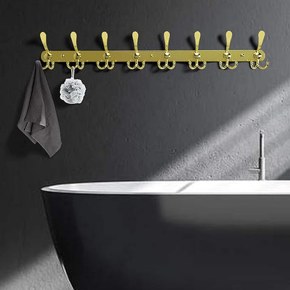 Dseap Coat Rack Wall Mount - 29.5” Long 8-Tri-Hooks Heavy Duty Coat Hanger Rail Wall Hooks for Hanging Coats Hats Clothing Clothes Purse Mudroom Entryway, Gold, Pack of 2
