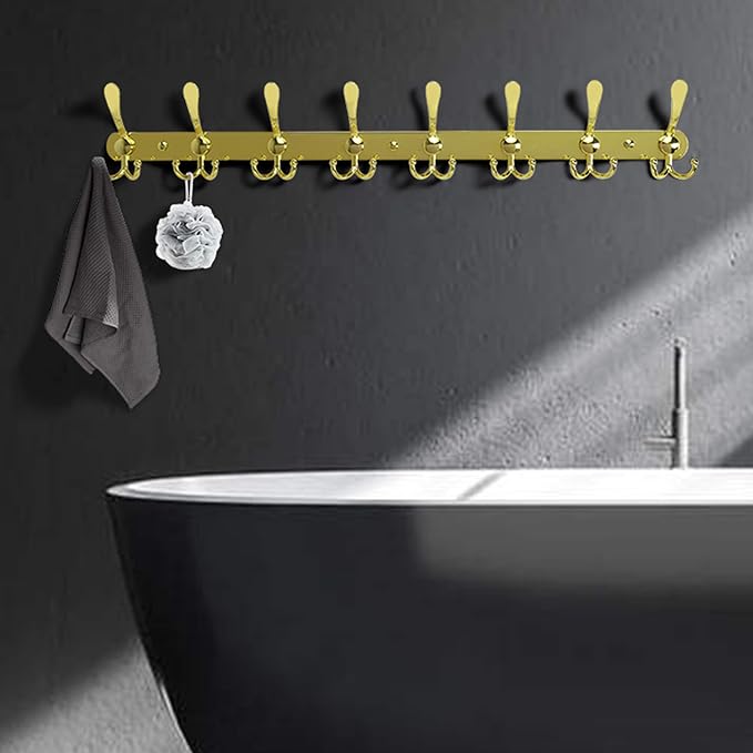 Dseap Coat Rack Wall Mount - 29.5” Long 8-Tri-Hooks Heavy Duty Coat Hanger Rail Wall Hooks for Hanging Coats Hats Clothing Clothes Purse Mudroom Entryway, Gold