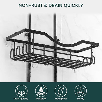 Shower Caddy Hanging Adjustable Shower Caddy, Rustproof Shower Organizer Extended Length Shower Caddies Over Shower Head with Hooks Soap Holder, Large Capacity Anti-Swing Bathroom Storage, Black