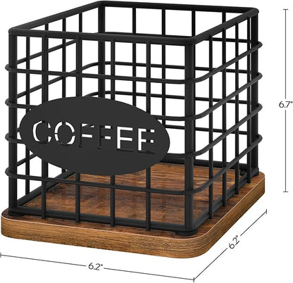 YATINEY Coffee Pod Holder for K Cup, Large Capacity Coffee Pod Organizer, Versatile Coffee Capsule Storage Basket with Wooden Base, Rustic Brown KH10BR
