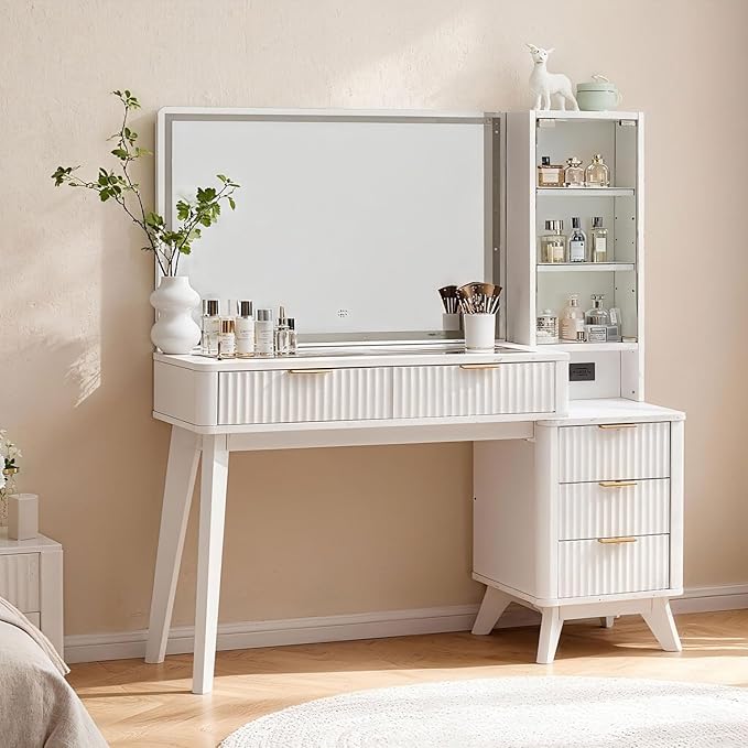 RedLemon 48" Fluted Vanity Desk with 36" Large HD Mirror and Lights, Modern Wood Glass Tabletop Makeup Table with Adjustable Storage Shelves, 5 Drawers, Charging Station for Bedroom, Off White