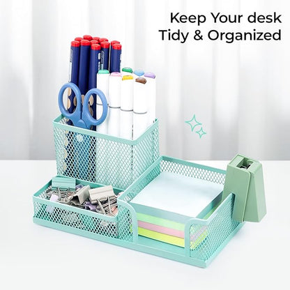 M&G Mesh Pen Holder Desk Organizers Pencil Holder for Desk Light Blue, 3 Compartments Metal Office Supply Organizer with Sticky Notes Holder for Home Office