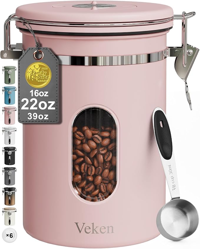 Veken Coffee Canister with Window, Airtight Stainless Steel Kitchen Food Storage Container with Lids, Date Tracker and Scoop for Ground, Beans, Tea, Flour, Cereal, Sugar Jars, 22OZ, Pink