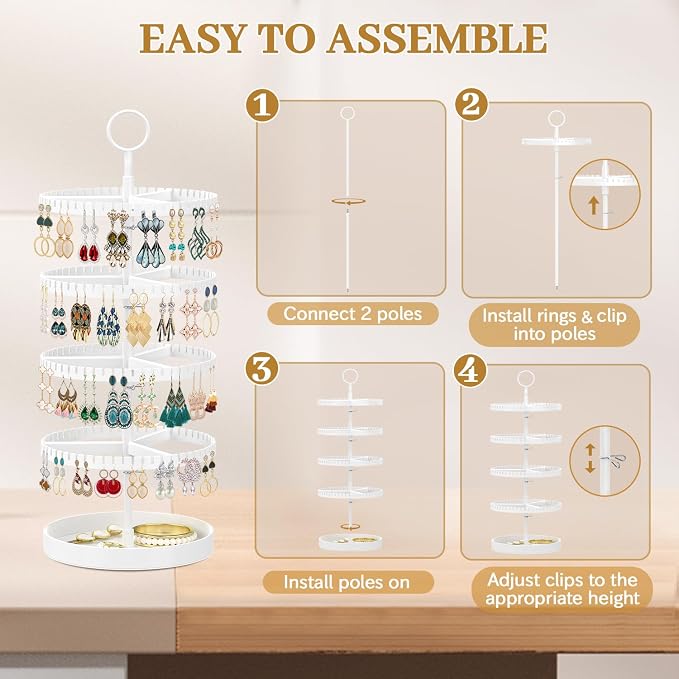 MODOWEY 4 Tier Rotating Earring Holder Organizer Display Tree with Metal Tray, Adjustable Plastic Stand with 228 Slots for Stud Hoop Hanger, Large Capacity Storage Rack for Women Space Saving, White