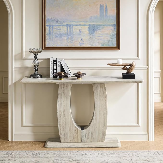 55" Console Table for Entryway, Narrow Sofa Entrance Table with Faux Mars Marble Pattern, Modern Sofa Tables with U-Shaped Base for Living Room, Hallway, Foyer, Home Office, Beige Dark