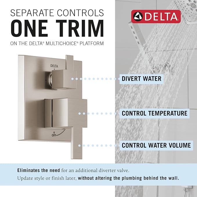 Delta Modern 14 Series Square Rain Shower System Faucet Set, Rainfall Brushed Nickel Shower Head and Handle Set, Valve Trim Kit, 10 Inch, Spotshield Stainless T342701-SP (Valve Not Included)