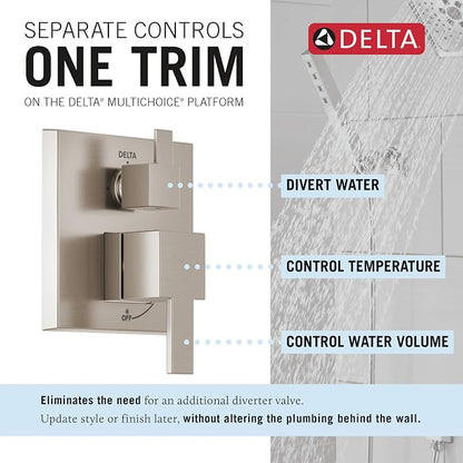 Delta Modern 14 Series Square Rain Shower System Faucet Set, Rainfall Brushed Nickel Shower Head and Handle Set, Valve Trim Kit, 10 Inch, Spotshield Stainless T342701-SP (Valve Not Included)